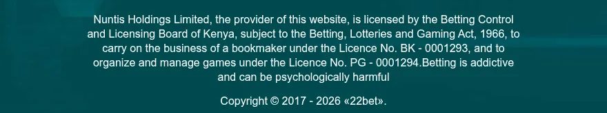 22Bet Kenya licence notice: Nuntis Holdings Limited, licences BK-0001293 and PG-0001294