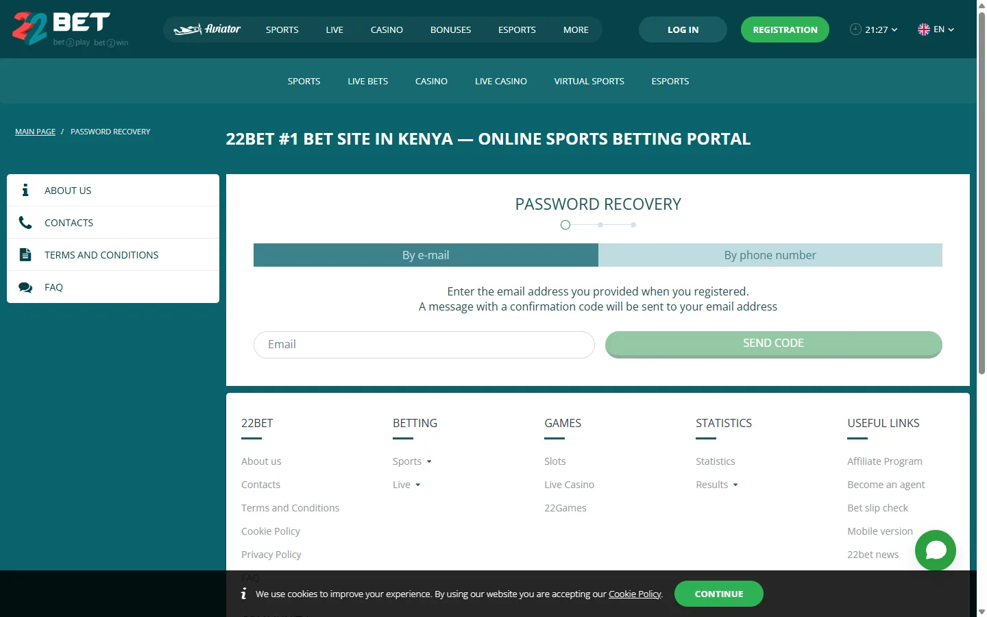 22Bet Kenya password recovery: by e-mail or by phone number