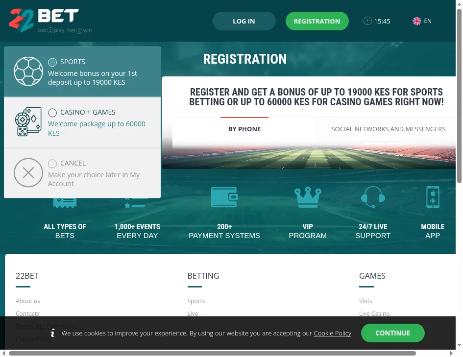 22Bet Kenya registration page with the welcome bonus offer