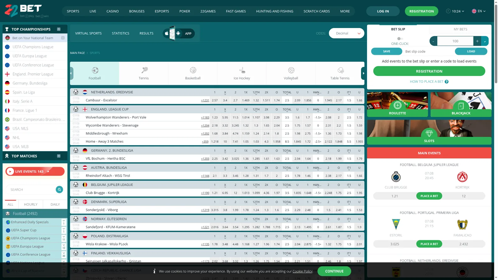 22bet Kenya sportsbook with the football line and the bet slip